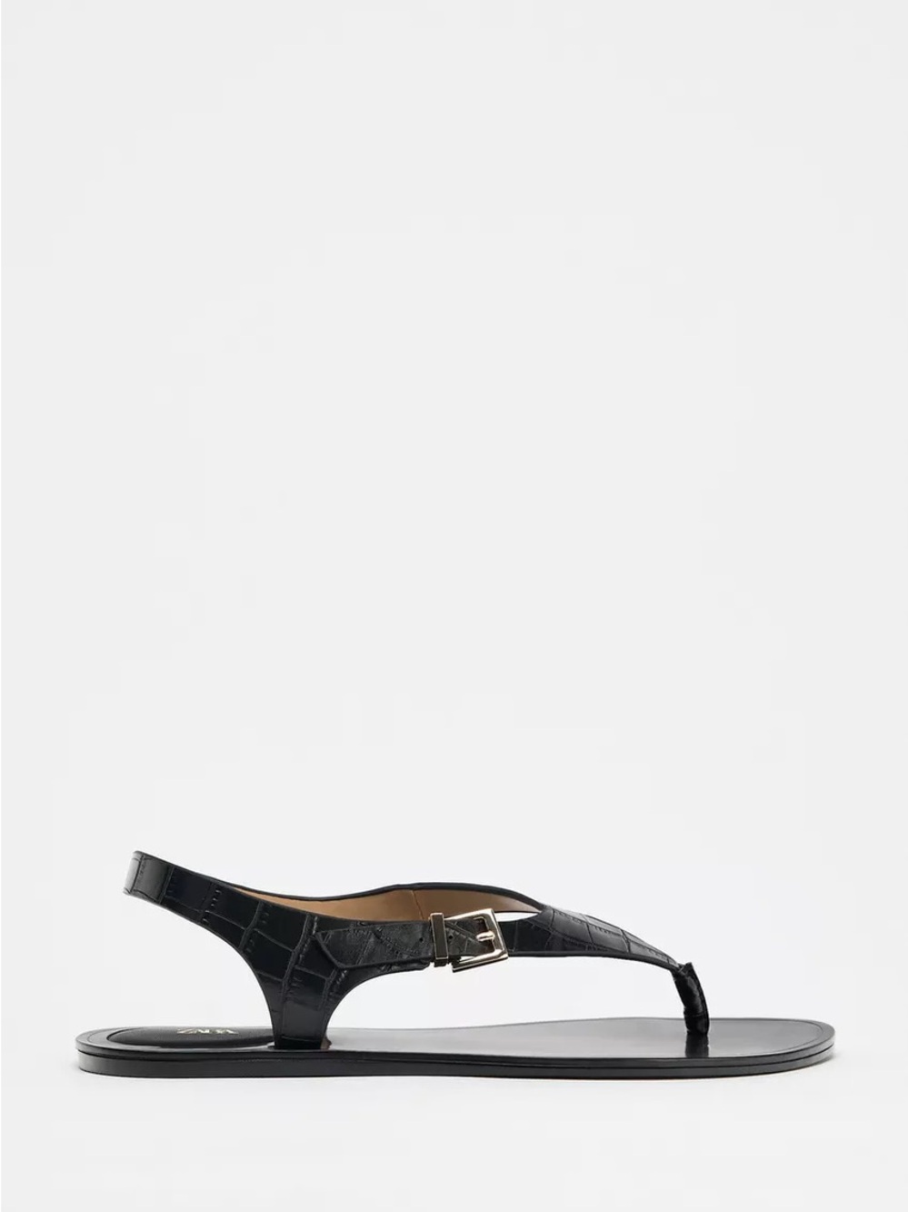 Zara Black Croc-Embossed T-Strap Sandals with Buckle